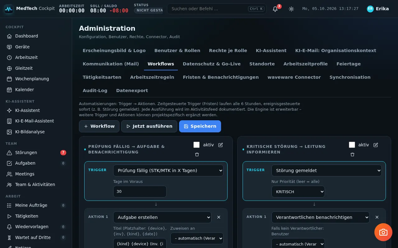 Workflow-Konfiguration in MedTech Cockpit mit Auslöser, Bedingungen und Aktionen